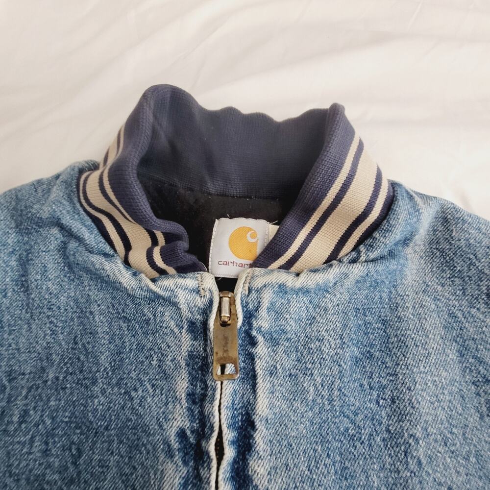 Vtg Carhartt Jacket Mens L Blue Denim Varsity Detroit Collegiate Bomber USA Made - Picture 6 of 16